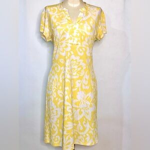 Chico's Yellow Floral V-Neck Short Sleeve Midi Dress